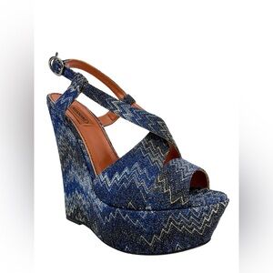 MISSONI Orange Label blue sparkle wedge platform sandals 37 7